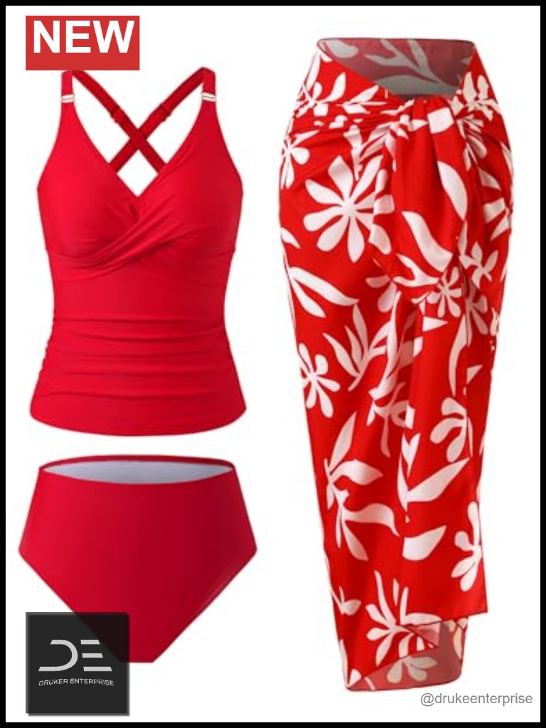 3 Piece Tankini Swimsuit Set Retro Cross Back High Waist Swim Shorts Wrap Skirt